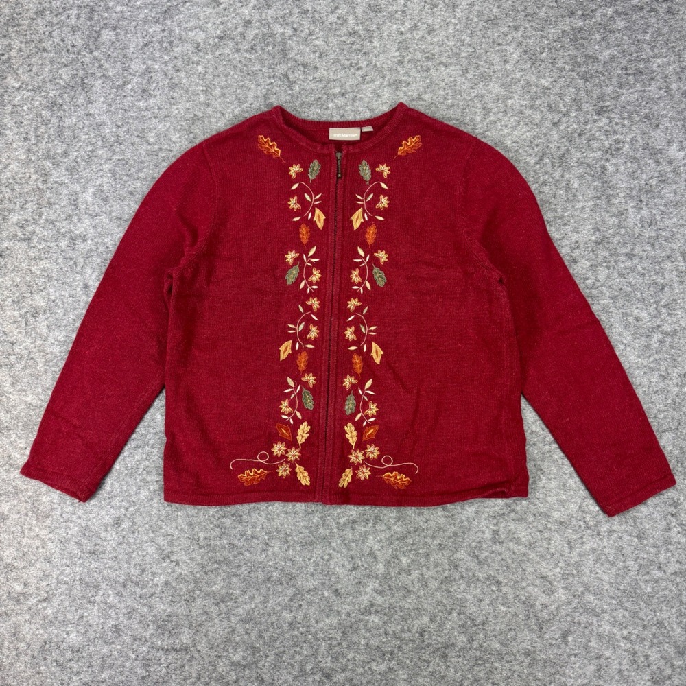 Croft & Barrow Womens XL Red Zip Front Embroidered Fall Leaves Cardigan Sweater - Picture 2 of 9